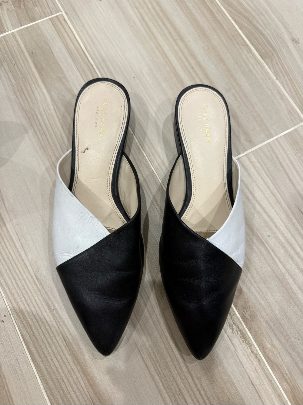 Cole Haan Black & White Pointed Leather Crossover Mule